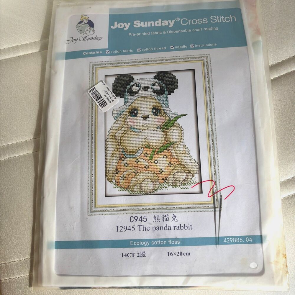 Joy Sunday Printed Cotton Fabric C945 THE PANDA RABBIT 14ct. Cross Stitch Kit